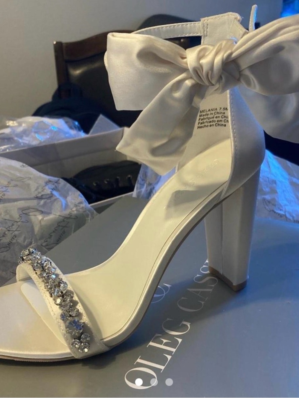 Ivory Satin Block Heel Sandal with Crystal Toe Strap and Bow Ankle Tie